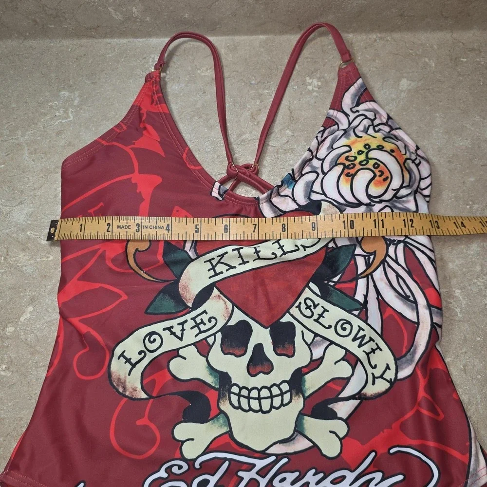Y2K Ed Hardy Swimsuit Women L Red Love Kills Slowly One‎ Pc Tattoo Skull Graphic